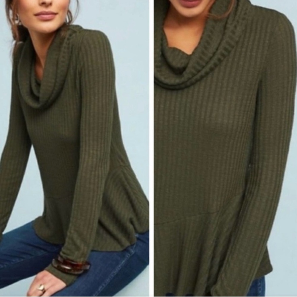 Maeve (Anthro) Olive Green Cowl Neck Ribbed Sweater
